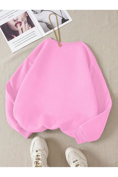 Cool Art Mini Kalp  Logo Kışlık Sweatshirt - Pembe Baskılı Oversize Şardonlu Bisiklet Yaka