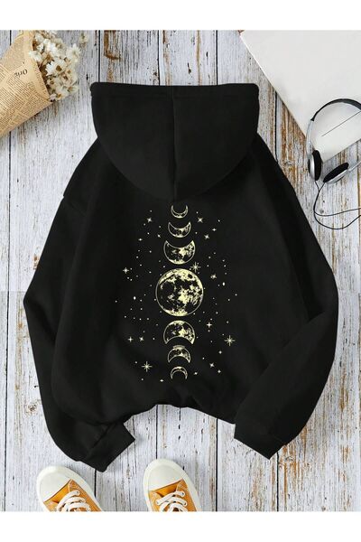 SeusCraft Gezegen Evreler Kalın Kışlık Sweatshirt -  Siyah Baskılı Oversize Ş...