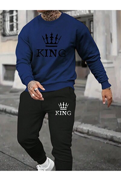 SeusCraft Taç King Sweatshirt  Jogger - Sax Mavi Siyah Baskılı Alt Üst Eşofma...