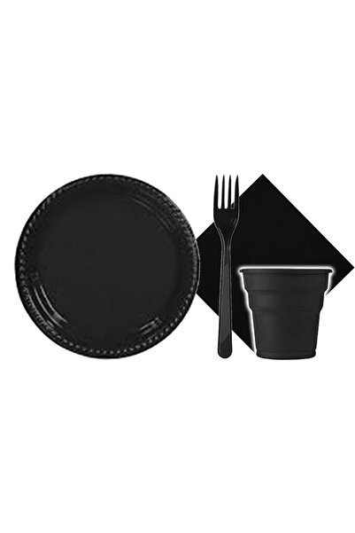 PartylandTR Siyah 25 Kişilik Plastik Bardak Çatal Tabak Peçete