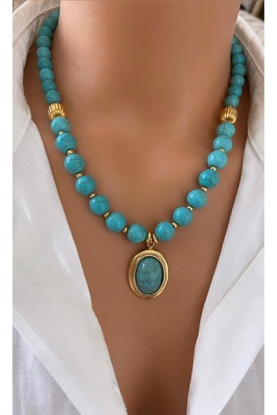TARZ-I TAKI Doğal Taş Mavi Turkuaz Firuze Taşı Altın Kaplama Çerçeveli Taş Özel Tasarım Kadın Kolye