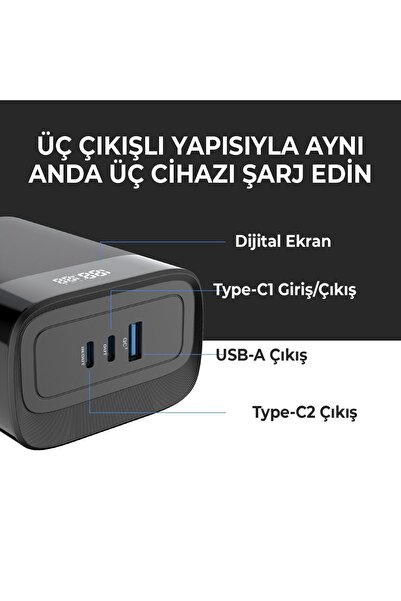 Bix Pb140w 30000mah Usb Ve 2*type-c Pd 140w Üç Çıkışlı Dijital Ekranlı Powerbank Siyah