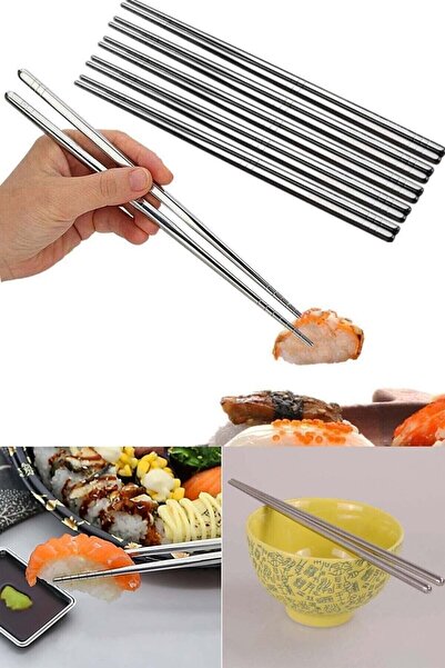 TeknoClass Metal Chopstick Paslanmaz Çelik Çin Çubuğu 5'li Set Yemek Çubukları