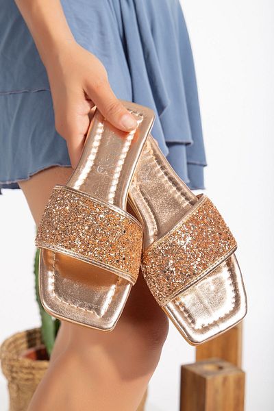 PLN SHOES Γυναικείες βραδινές παντόφλες φόρεμα με άνετη σόλα με μονό λουράκι με πέτρα με επίπεδη τακούνι