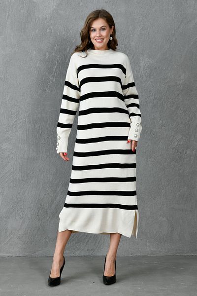 vuvutasarım Κρεμ ριγέ μίντι πλεκτό φόρεμα - Crew Neck, Off Shoulder, Μακρύ μανίκι με κουμπιά, Πλαϊνή σχισμή 10280