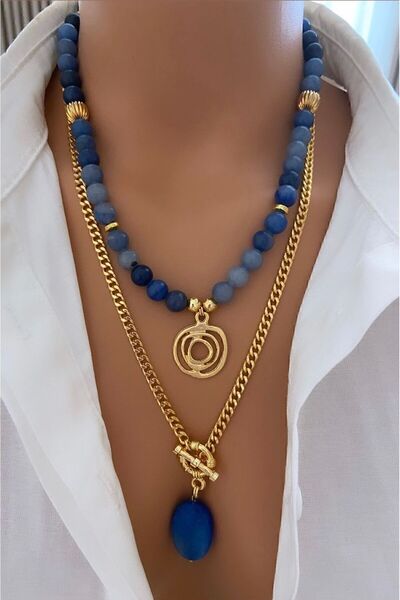 TARZ-I TAKI ( İKİ KOLYE ) DOĞAL TAŞ Mavi Kuvars Taşı ÇELİK Zincir Kuvars Taş Uç Kadın Kolye Özel Hediye