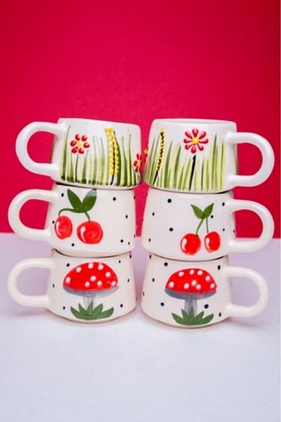 İlbay Çini Takı 6 Pieces Red Daisy, Cherry and Mushroom Ceramic Mug Set