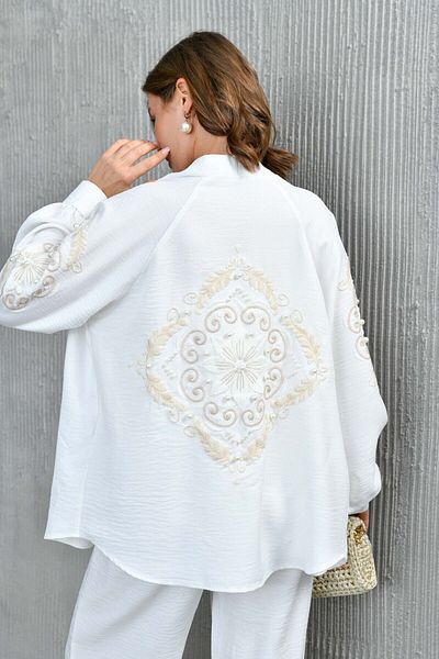Miss Allos Linen Kimono Jacket and Trousers Set - Back and Arms Embroidered, Pearl Stone Detail