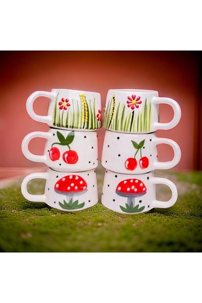 İlbay Çini Takı 6 Pieces Red Daisy, Cherry and Mushroom Ceramic Mug Set