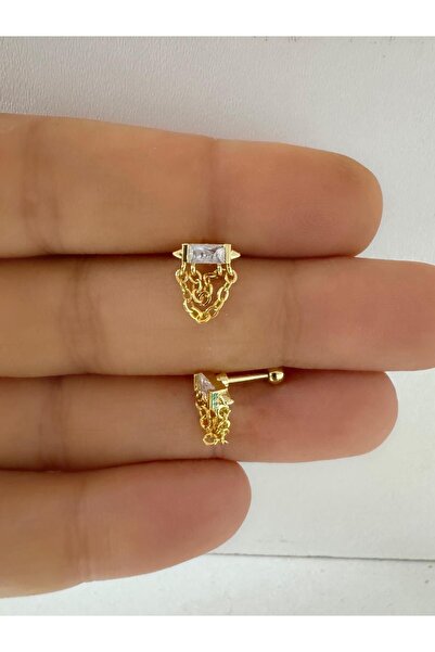 Arescollection baget zirkon taşlı zincirli tragus helix conch lobe uyumlu 1 adet piercing küpe