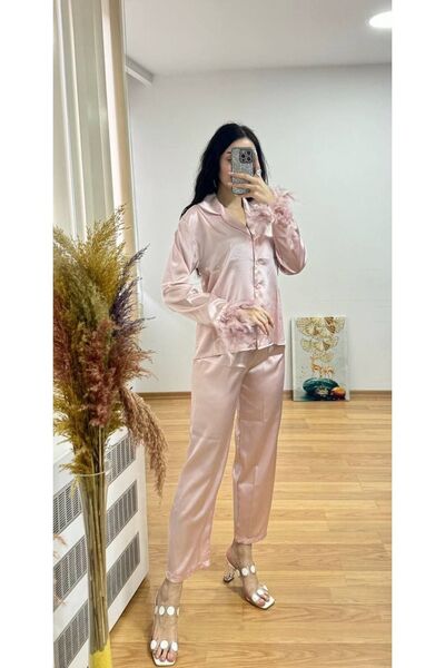 SATTENS kolları otriş tüylü saten pijama takım