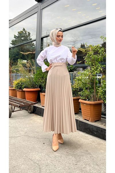 HMT ZEHRA GİYİM Πλισέ Flared Fit, (S-M-L-XL---36-48 SIZE RANGE), Stone Color Skuba Crepe