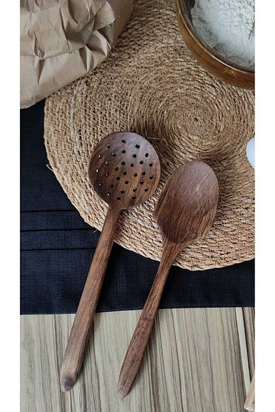 İlya Woodart Wooden Spoon and Strainer, Wooden Serving Spoon, Presentation Spoon and Perforated Colander