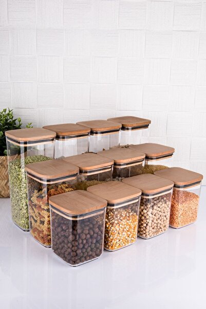 Home 12'li Ahşap Kapaklı Bakliyat Seti 1700-1200-900 ml Bakliyat Saklama Kabı Erzak Kavanoz Mika