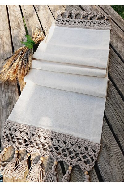 ZÜMAL El Örgüsü Makrome Keten Kumaş Runner 35x150 (Renk BEJ )