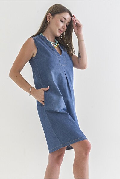 Bold & Young Kadın Cepli Yıkanmış Pamuklu Mavi Kot Elbise
