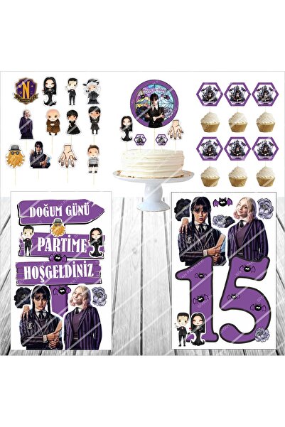 SİYAH PARTİ EVİ نموذج طاولة عيد الميلاد الأربعاء لعمر 15 عامًا - مجموعة تزيين الكيك