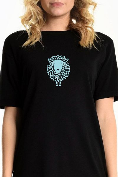 ROCKANDROLL Rochie tricou din bumbac pieptănat cu mânecă scurtă neagră de miel cu pete