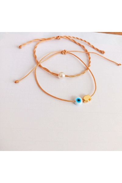 Lal 2-Piece Pearl Evil Eye Bead Elephant Figured Anklet