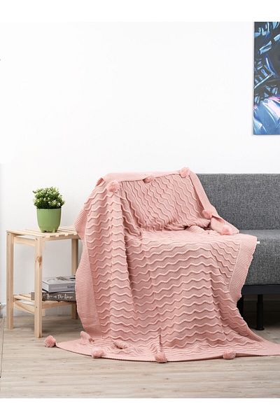 YGT Home Powder Colored 10 Pompom Tongue Knitwear Tv Blanket - 130X170 Leg Shawl and Sofa Shawl