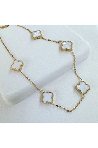 GUNEYS Sedef Taşlı Gold Yonca Model Çelik Şık  Tasarımlı Kolye