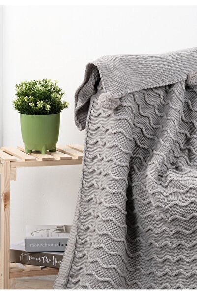 YGT Home 10 Ponpon Dilli Triko Örgülü Tv Battaniyesi Gri | 130x170 Bacak Şalı-koltuk Şalı ve Dekoru