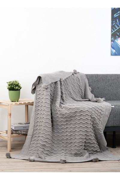 YGT Home Gray Knitwear Tv Blanket - 10 Pompom Tongues, 130X170 Leg Shawl, Sofa Shawl and Decor