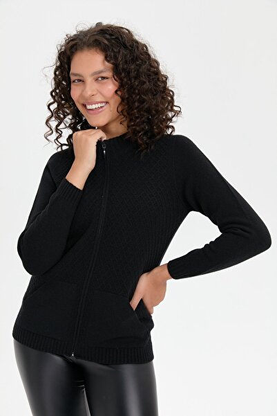 Desen Triko Black Wool Cardigan - Stand Collar, Seamless and Zip-up