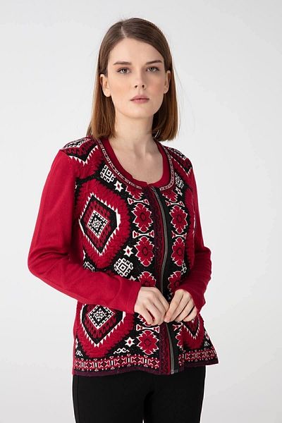Desen Triko Women's Crew Neck Zippered Front Patterned Cardigan Red