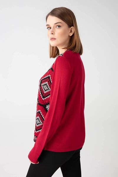 Desen Triko Kadın Sıfır Yaka Fermuarlı Önü Desenli Hırka Kırmızı