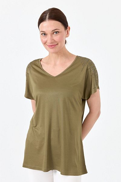 Desen Triko Tricou de damă din bumbac pieptănat cu decolteu în V cu pietre pe umeri Kaki