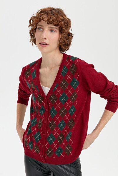 Desen Triko Red V-neck Baklaval Women's Cardigan