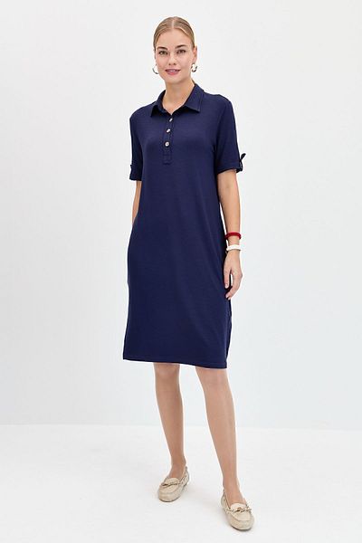 Desen Triko Women's Shirt Collar Combed Cotton Dress Dark Blue
