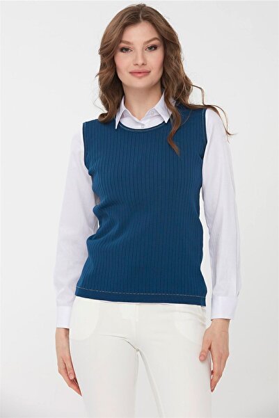 Desen Triko Γυναικείο πλεκτό αμάνικο μπλουζάκι Indigo