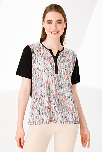 Desen Triko Жіноча блуза з відкритим коміром, коротким рукавом і візерунком, чорна