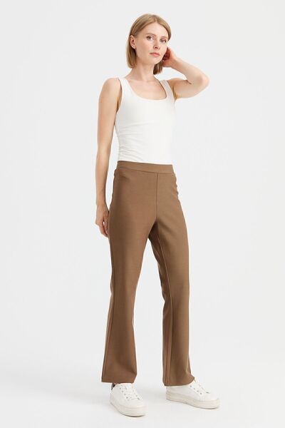 Desen Triko Women's Elastic Waist Flared Leg Tights Trousers Camel