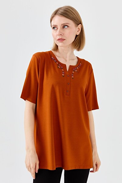 Desen Triko Γυναικείο T-shirt Daisy Κεντημένο Βαμβακερό Χτενισμένο Μαύρισμα