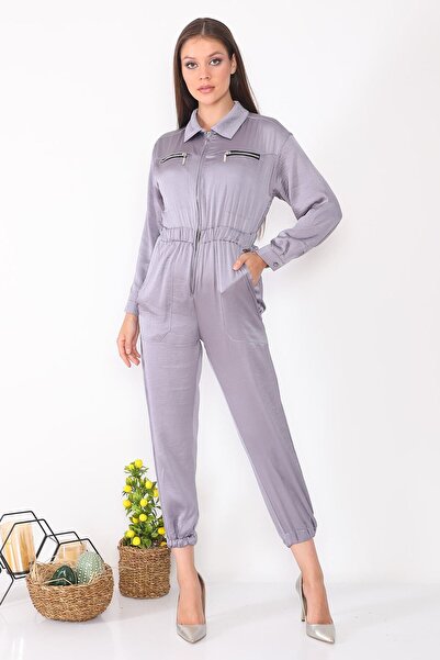 PodiumStar Kadın Gri Fermuar Detaylı Uzun Kollu Tulum