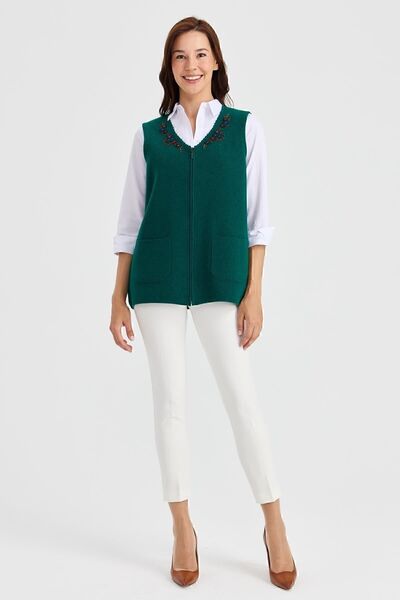 Desen Triko Жіночий жилет з V-подібним коміром, оздоблений мереживом, з вовняної тканини, без рукавів