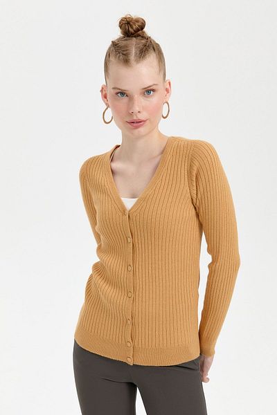 Desen Triko Cardigan fără cusături pentru femei de culoare cămilă cu decolteu în V