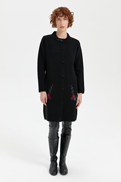 Desen Triko Black Long Wool Cardigan - Women'S, Stand Collar and Anchor Embroidery