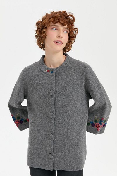 Desen Triko Women's Smoked Wool Jacket - Stand Collar and Embroidered Sleeve