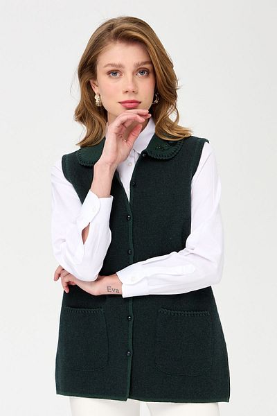 Desen Triko Vestă de lână croșetată cu guler polo și buzunar pentru femei, verde