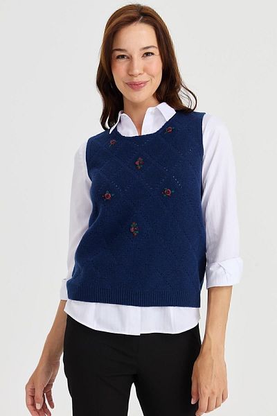 Desen Triko Women's Crew Neck Front Loose Linked Wool Sweater Indigo
