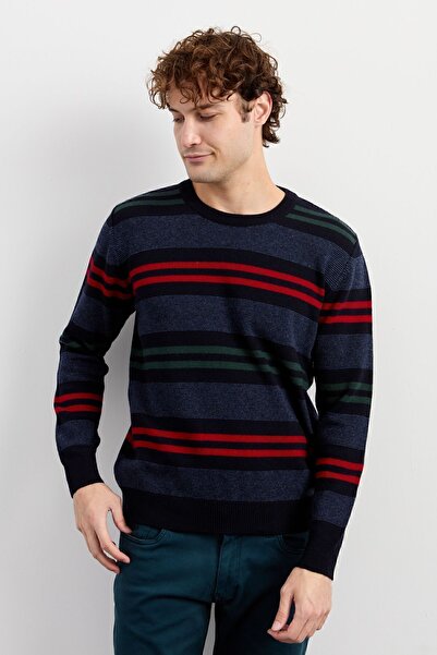 Desen Triko Чоловічий светр з коміром-стійкою, кольоровими смужками, класичний, вовняний, темно-синій