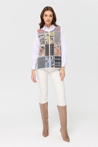 Desen Triko Women's Crew Neck Patchwork Vest Bone