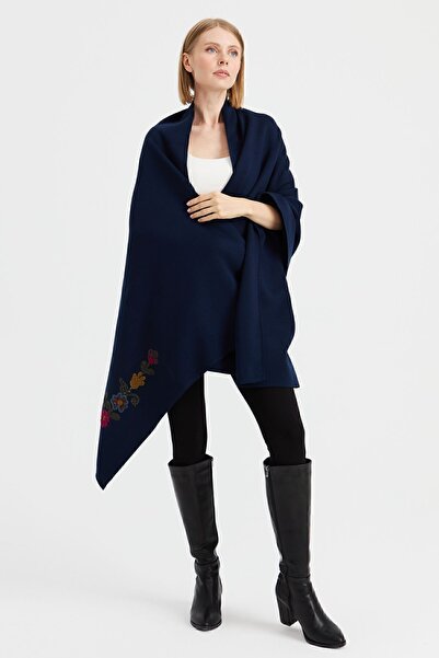 Desen Triko Women's Corners Embroidered Shawl Navy Blue