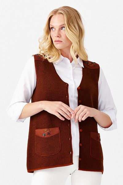 Desen Triko Women's V-Neck Shoulder Pocket Cover Felt Embroidered Buttoned Vest Bottom