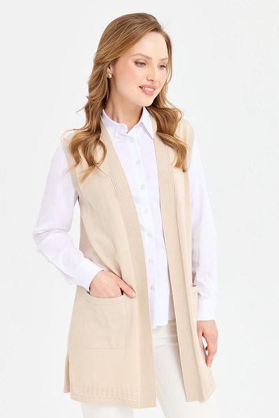 Desen Triko Women's Openwork Thin Knitwear Vest with Back and Skirt Beige