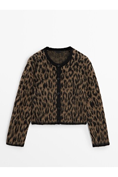 Zey Studio Πλεκτή ζακέτα με καφέ λεοπάρ μοτίβο Crew Neck - Μείγμα μαλλί
